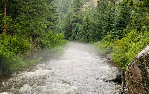 Foggy view of the South Boulder Creek tailwater, taken while hiking and fly fishing